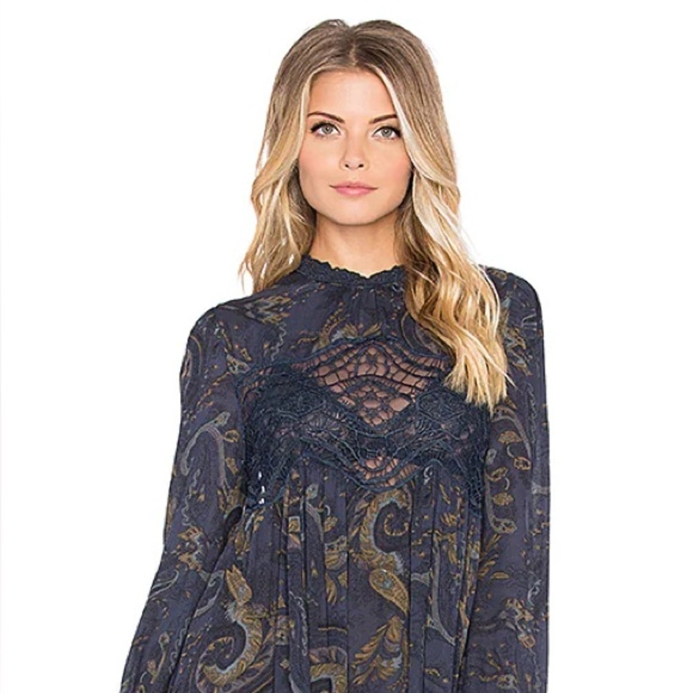 NWT Free People Midnight Blue and Gold Tunic Dress